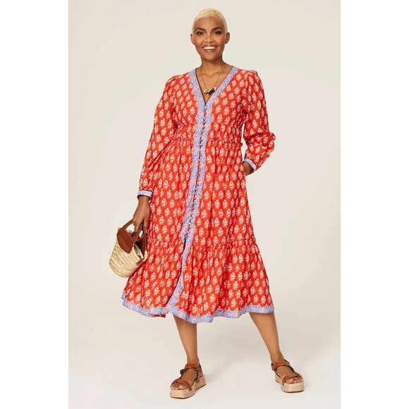 NWT J.Crew Button-up Tiered Midi in Cerise Cove Red Classic Block Print Dress 10 - Picture 5 of 8